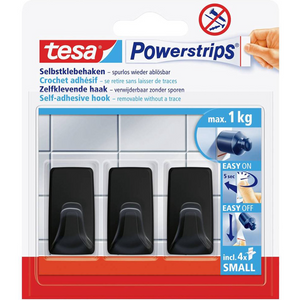 Tesa powerstrips serie - zelfklevende haak - zwart - 1kg draagvermogen - herbruikbaar