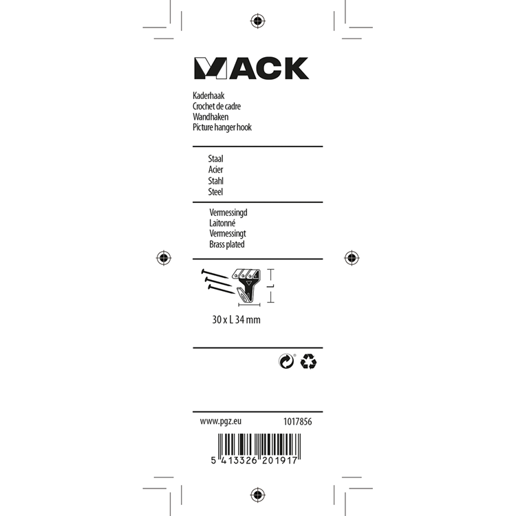 Afbeelding laden in galerijviewer, Mack 1017856 - kaderhaak staal vermessingd 4st 30 x 34 mm | 5 stuks
