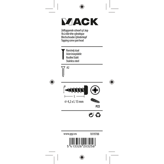 Mack 1019788 - zelftappende schroef cyl.kop a2 12 st 4,2 x 13 mm | 10 stuks