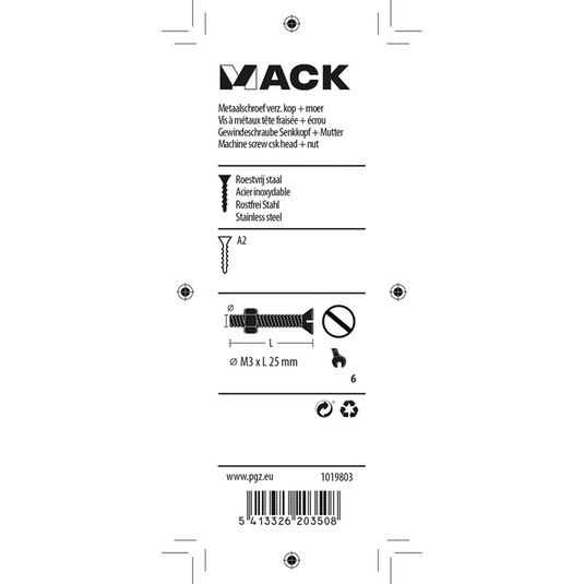 Mack 1019803 - metaalschroef verz. kop + moer rvs 15 st m3x25 | 10 stuks