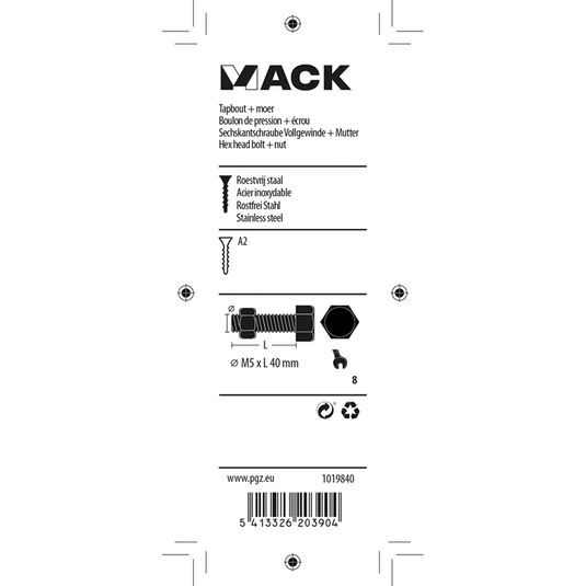 Mack 1019840 - tapbout + moer roestvrijstaal 5 st m5x40 | 10 stuks
