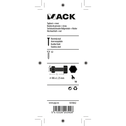 Mack 1019842 - tapbout + moer roestvrijstaal 5 st m6x25 | 10 stuks