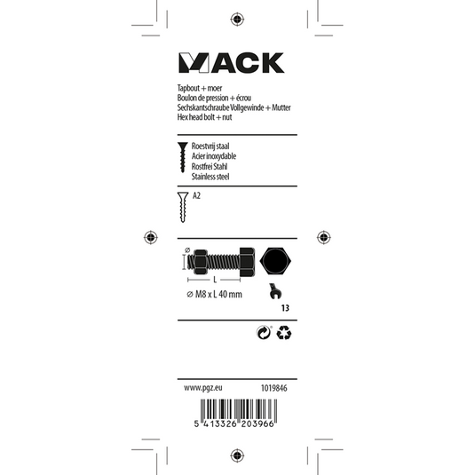 Mack 1019846 - tapbout + moer roestvrijstaal 2 st m8x40 | 10 stuks
