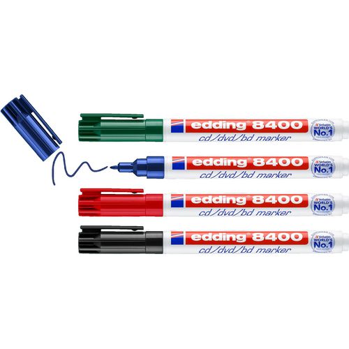 Cd dvd bd marker 8400 edding 4-8400-4 1mm zwart,rood,groen,blauw