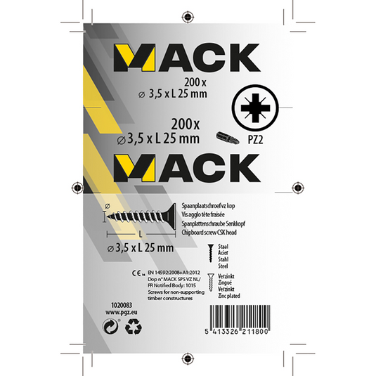 Mack 1020083 - spaanplaatschroef vz kop geel vz 200 st 3,5 x 25 mm | 5 stuks