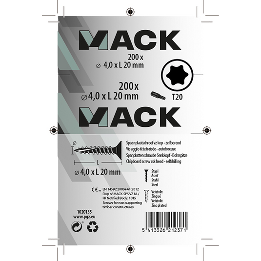 Mack 1020135 - spaanplaatschroef vz kp-zelfb.gvz 200st 4,0 x 20 mm | 5 stuks