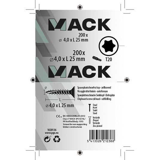 Mack 1020136 - spaanplaatschroef vz kp-zelfb.gvz 200st 4,0 x 25 mm | 5 stuks