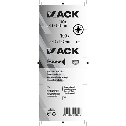 Mack 1020241 - spaanplaatschroef vz kop inox a2 100 st 4,5 x 45 mm | 2 stuks