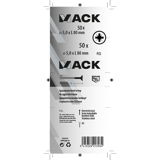 Mack 1020248 - spaanplaatschroef vz kop inox a2 50 st 5,0 x 80 mm | 2 stuks