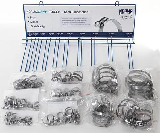 Ad verkoopdisplay normaclamp torro hose clamps sort 100pcs sort 9mm 8-80