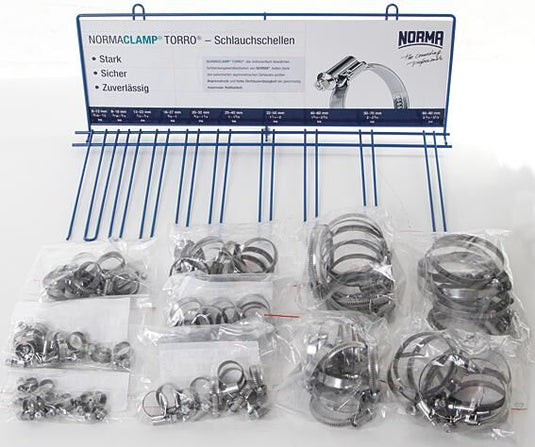 Ad verkoopdisplay normaclamp torro hose clamps sort 100pcs sort 9mm 8-80