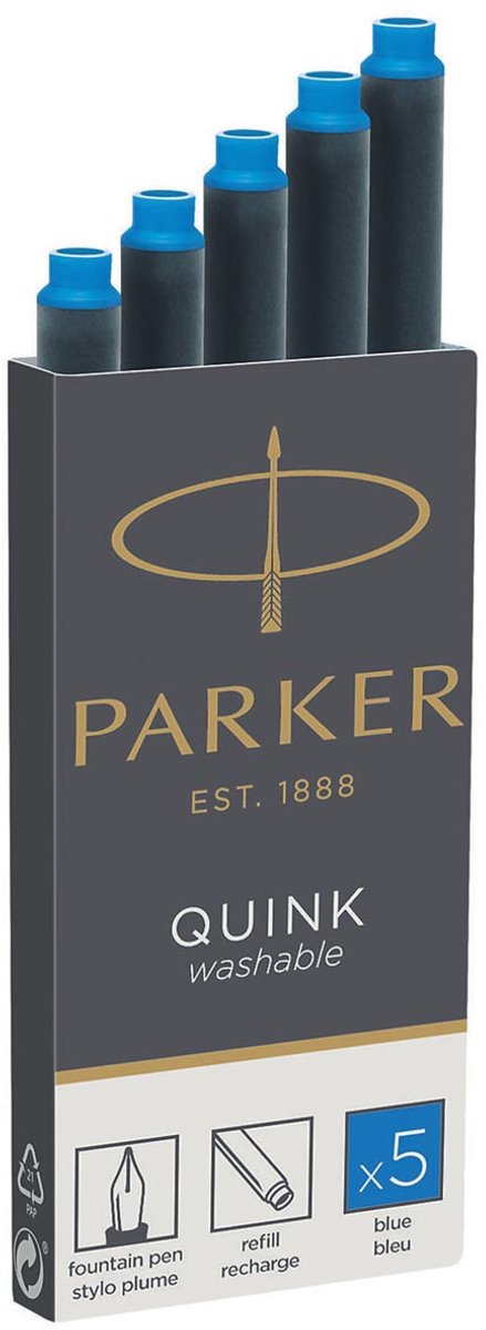 Parker lange vulpen inktpatronen - blauwe inkt - uitwasbaar - 5 stuks