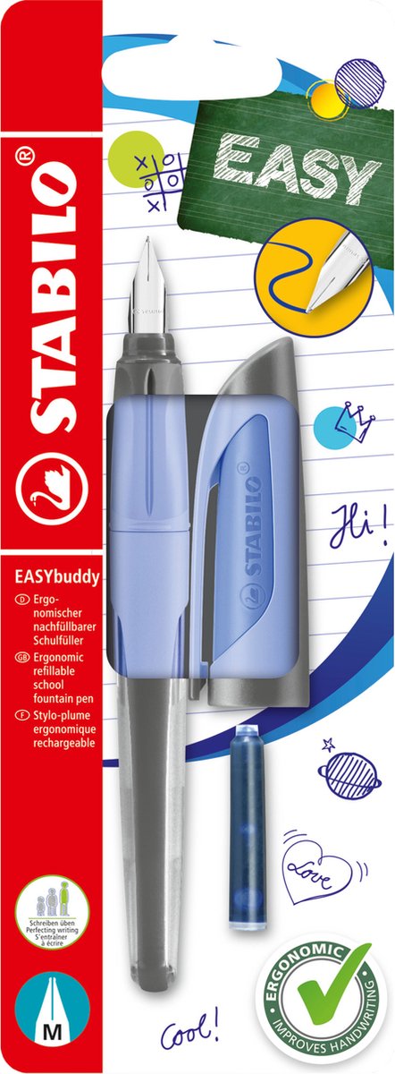 Stabilo easybuddy pastel - ergonomische vulpen - licht blauw - standaard m punt voor rechtshandigen