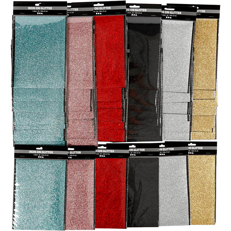 Afbeelding laden in galerijviewer, Https: www.cchobby.nl opstrijkfolie-vel-148x210-mm-glitter-diverse-kleuren-6x10-vel-1-doos
