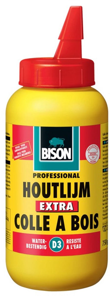 Bison houtlijm extra 750 gram - hoogwaardige, waterbestendige witte houtlijm, droogt transparant op, oplosmiddelvrij, overschilderbaar, d3, sterker dan hout