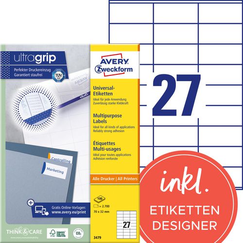Multifunctionele etiketten avery quickpeel 2700 stuks wit