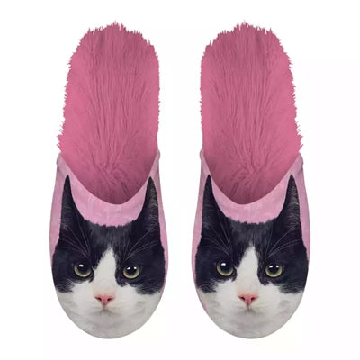 Load image into Gallery viewer, Pantoffel zwart witte kat roze
