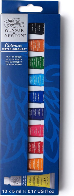 Winsor newton 0390664 cotman aquarelverf set – beginners set 10 x 5 ml – essentiële waterverfkleuren met hoge kwaliteit pigmenten