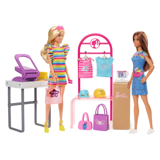 Barbie winkel - maak- en verkoopboetiek, speelset met uitstalrek en folie - pop