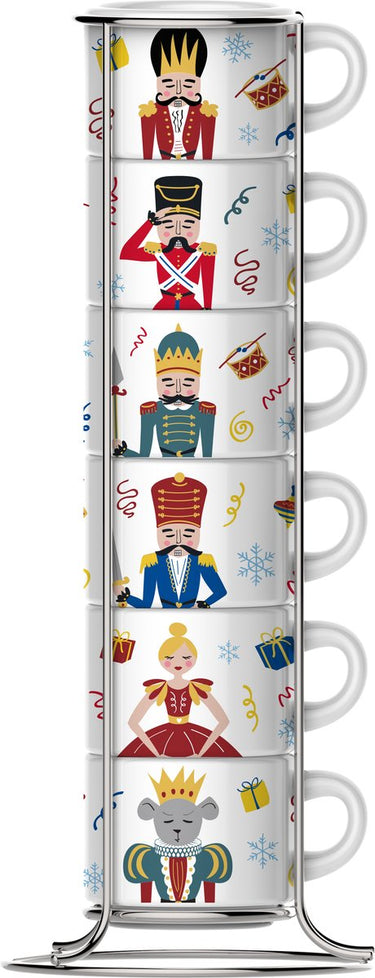 Bialetti nutcracker espressokopjes set 6 stuks met rek – 90 ml – porseleinen espresso kopjes – limited edition - stapelbaar