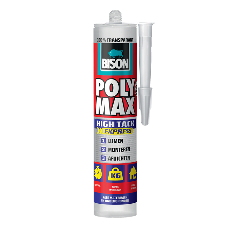 Afbeelding laden in galerijviewer, Bison poly max high tack express transparant koker 300 gram, montagelijm, lijmen, monteren en afdichten, unieke smp technologie, oplosmiddelvrij, binnen en buiten, vrijwel alle ondergronden

