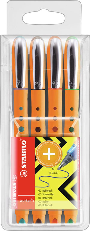 Stabilo worker+ - rollerball pen 0.5 mm - zwart, blauw, groen rood - etui met 4 kleuren