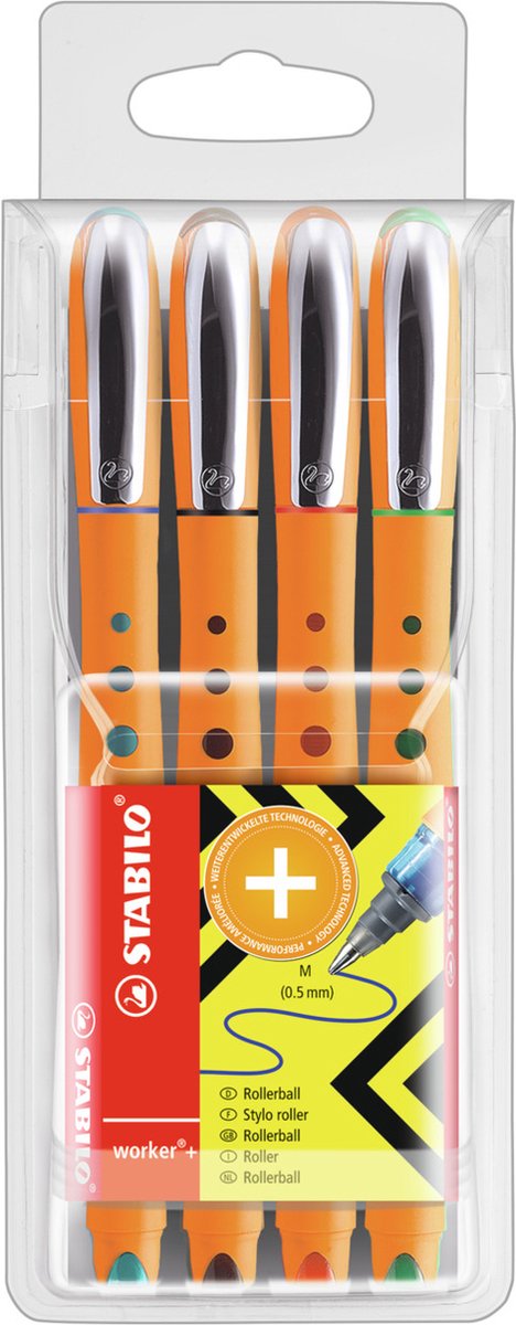 Stabilo worker+ - rollerball pen 0.5 mm - zwart, blauw, groen rood - etui met 4 kleuren