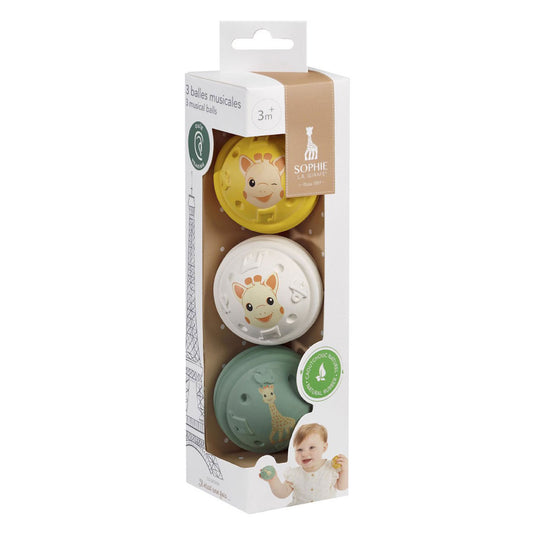 Sophie de giraf muzikale speelballen - 5-senses collectie - speelgoedbal - babyspeelgoed - 100% natuurlijk rubber - ok-biobased - vanaf 3 maanden - geel wit groen - 3 stuks