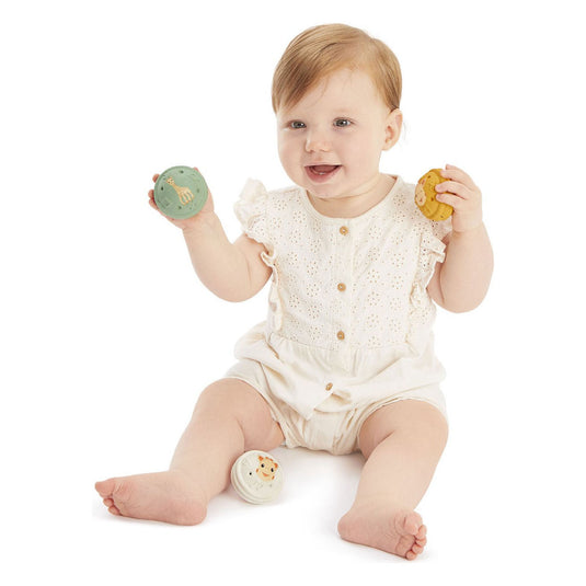 Sophie de giraf muzikale speelballen - 5-senses collectie - speelgoedbal - babyspeelgoed - 100% natuurlijk rubber - ok-biobased - vanaf 3 maanden - geel wit groen - 3 stuks