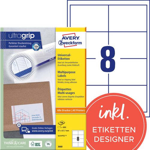 Avery multifunctionele etiketten zweckform quickpeel wit 800 stuks
