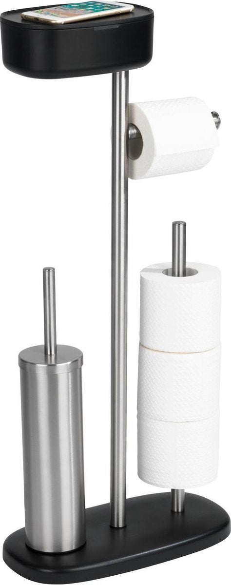 Wenko toiletbutler rivazza rvs zwart - toiletborstel met houder, toiletrolhouder, reserverolhouder en opbergbox zwart - vrijstaand