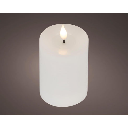 Lumineo realistische led kaars met wax pit en vlam effect ø7.5x13,5cm wit met 6uur timer werkt op batterij