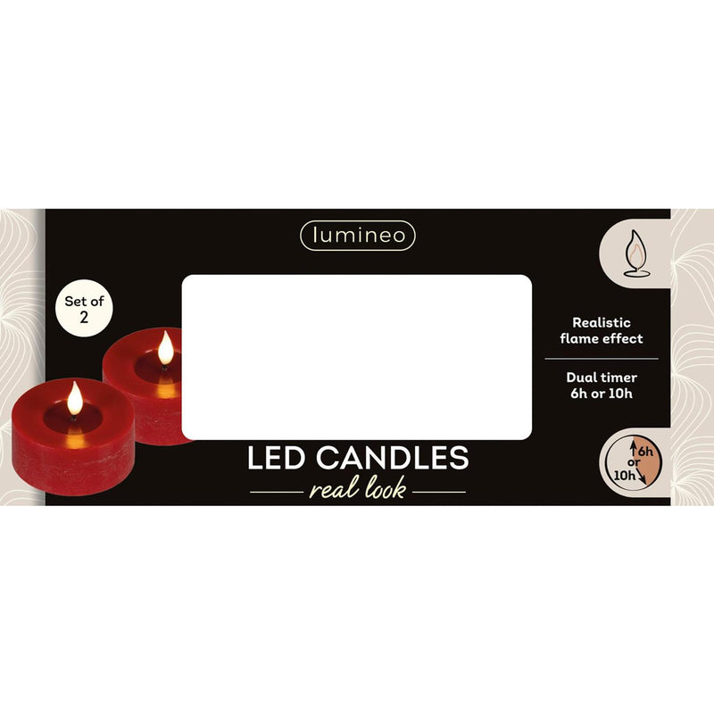 Afbeelding laden in galerijviewer, Lumineo realistische led theelicht met vlam effect ø7,5x6cm rood met 6uur timer werkt op batterij- 2 stuks
