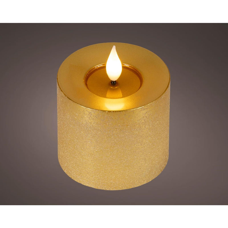Afbeelding laden in galerijviewer, Lumineo realistische led kaars met wax pit en vlam effect ã˜7.5x9,5cm goud met 6uur timer werkt op batterij
