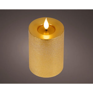 Lumineo realistische led kaars met wax pit en vlam effect ø7.5x13,5cm goud met 6uur timer werkt op batterij