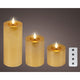 Lumineo 3-delig realistische led kaars met wax pit en vlam effect ø7.5 hoogte 9,5-13,5-20cm goud met timer werkt op afstandsbediening en batterij