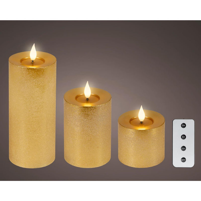 Afbeelding laden in galerijviewer, Lumineo 3-delig realistische led kaars met wax pit en vlam effect ã˜7.5 hoogte 9,5-13,5-20cm goud met timer werkt op afstandsbediening en batterij
