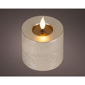 Lumineo realistische led kaars met wax pit en vlam effect ø7.5x9,5cm licht grijs met 6uur timer werkt op batterij