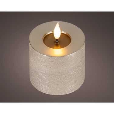 Lumineo realistische led kaars met wax pit en vlam effect ã˜7.5x9,5cm licht grijs met 6uur timer werkt op batterij
