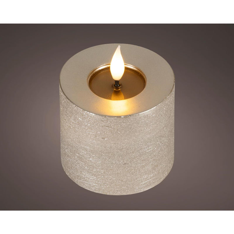 Afbeelding laden in galerijviewer, Lumineo realistische led kaars met wax pit en vlam effect ã˜7.5x9,5cm licht grijs met 6uur timer werkt op batterij
