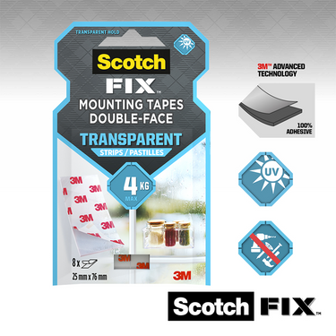 3m 1071425 - scotch-fix™ transp montage strips 25mmx76mm, 8 strips pk | 16 stuks