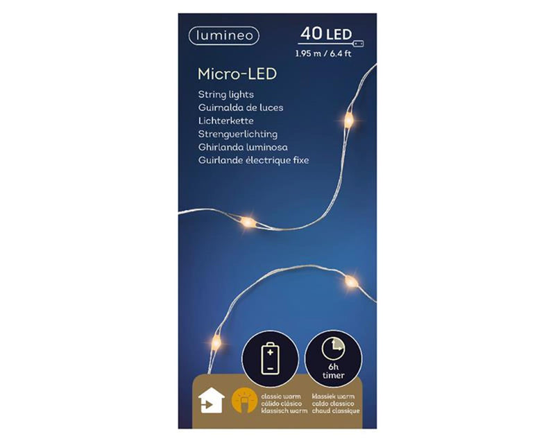 Laden Sie das Bild in Galerie -Viewer, Lumineo micro led streng lichtsnoer zilver klassiek warm 195cm-40l op batterij
