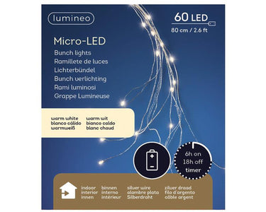 Lumineo micro led draadverlichting cascade 80cm-60l 10 draaden met 6 lamps zilver warm wit op batterij met timer