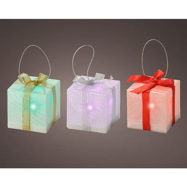 Lumineo kersthanger cadeau met 1 led lamp multikleur effect op batterij