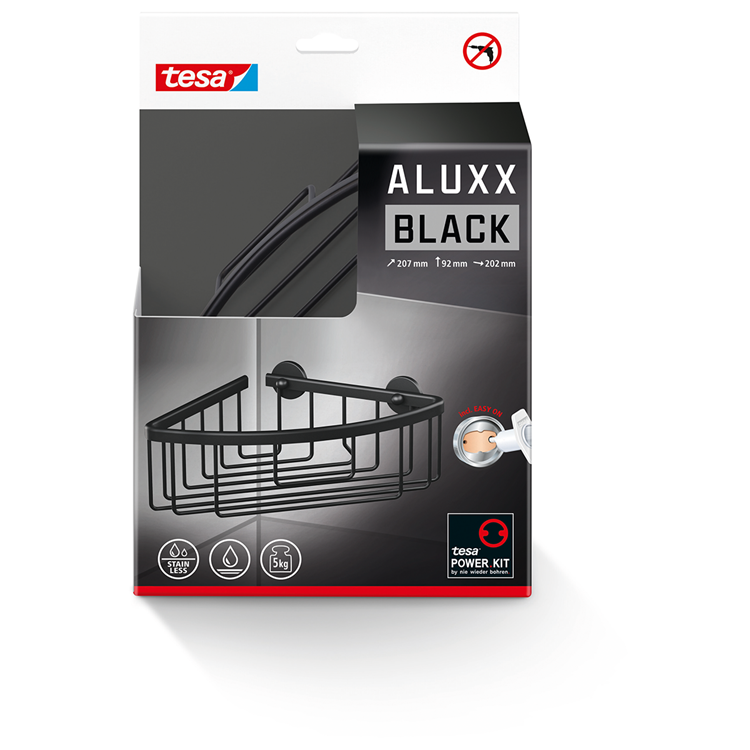 Afbeelding laden in galerijviewer, Tesa hoekmand aluxx black matzwart badkamer zelfklevend zonder boren – 192x92x200mm

