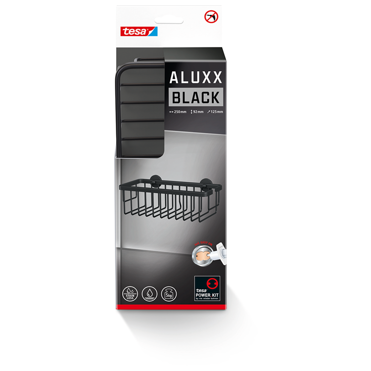 Afbeelding laden in galerijviewer, Tesa doucherek aluxx black matzwart badkamer zelfklevend zonder boren – 92x250x125mm
