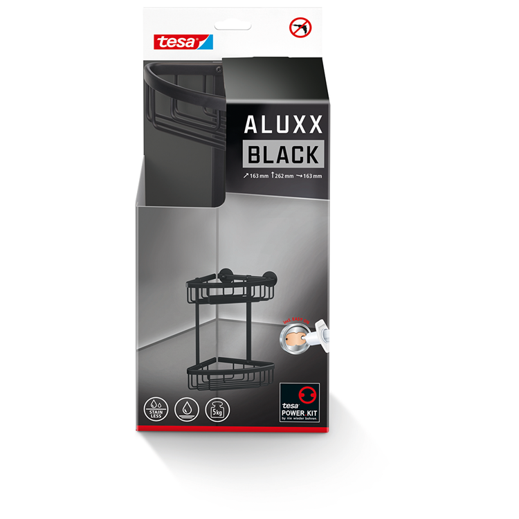 Chargez l'image dans la visionneuse de la galerie, Tesa doucherek aluxx black 2-niveaus matzwart badkamer zelfklevend zonder boren – 163x260x170mm
