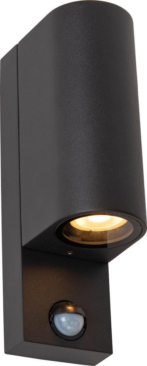 Lucide zaro - wandspot wandlamp binnen buiten - 2xgu10 - ip65 - beweging dag nacht sensor (uitschakelbaar) - zwart