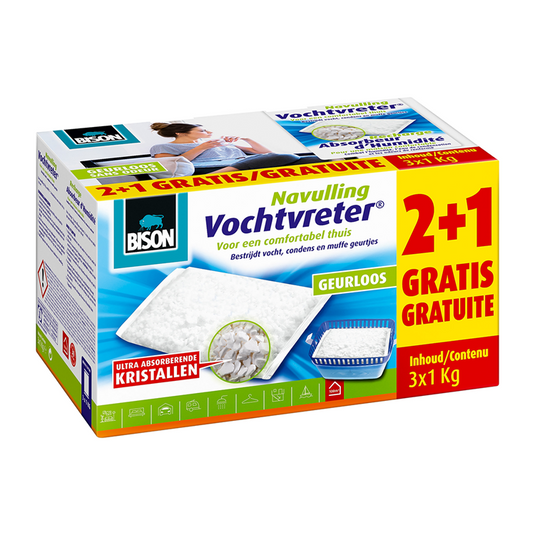Bison vochtvreter® navulzak neutraal 3x 1 k g schikt voor vochtvreter®, bestrijd hoge luchtvochtigheid, geen batterij nodig, ook geschikt voor caravans en campers