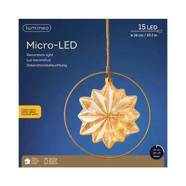 Lumineo led ster glas met 15 micro led lampen in een metalen ring- ã˜ 26cm werkt op batterij met timer